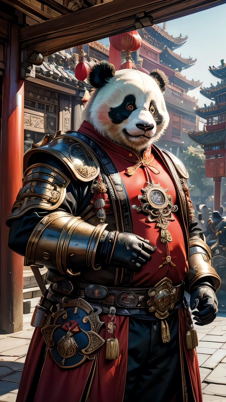 Fat humanoid panda, Wearing exquisite steampunk armor, Mainly red,Reflecting Chinese aesthetics, Passing majestically through a Chinese city. Detailed description of the armor's unique appearance, Ornate gears and luxurious Chinese accessories, The bear, Magnificent, Explore the fusion of bear wildness and steampunk technology aesthetics, Surreal style, The fire on the ground was fierce
