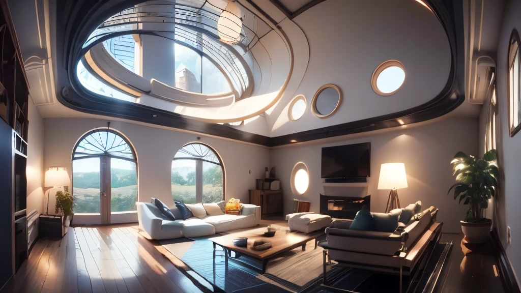 insanely detailed wide-angle architecture photography, cozy modern living Room, Light and shadow intertwine, award-winning futuristic technology Internal design, architecture, furniture, Internal, architecture, living Room, Room, carpet, plant, Home Decoration, sofa, Chair, Internal design full of futuristic technical style, Surrealism, Art Deco, Internal architecture, Glowing lights, First-person perspective, Wide-angle lens, panoramic, 135 mm, Ultra HD, High Detail, 8K, high resolution