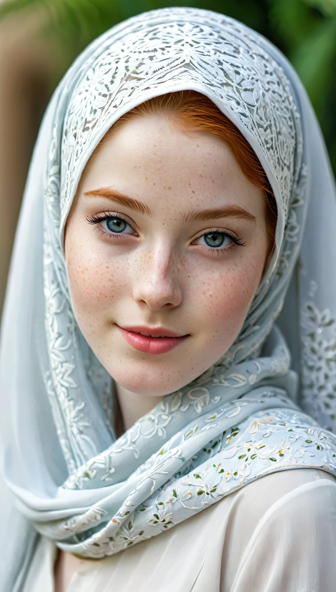 photography full body portrait of very beautiful realistic girl, 15-years-old, porcelain skin, very fair skin, very pale skin, redhead, detail freckles skin, hazel eyes, slanted eyes, small nose, small nostril, thick curved eyebrow, thick bottom lip, seductive gaze, happy face, unique face, wear white glamour hijab, Muslim fancy hijab, long baggy pants, detail photo, realistic photo, master piece picture, sharp picture, outdoor clear daylight