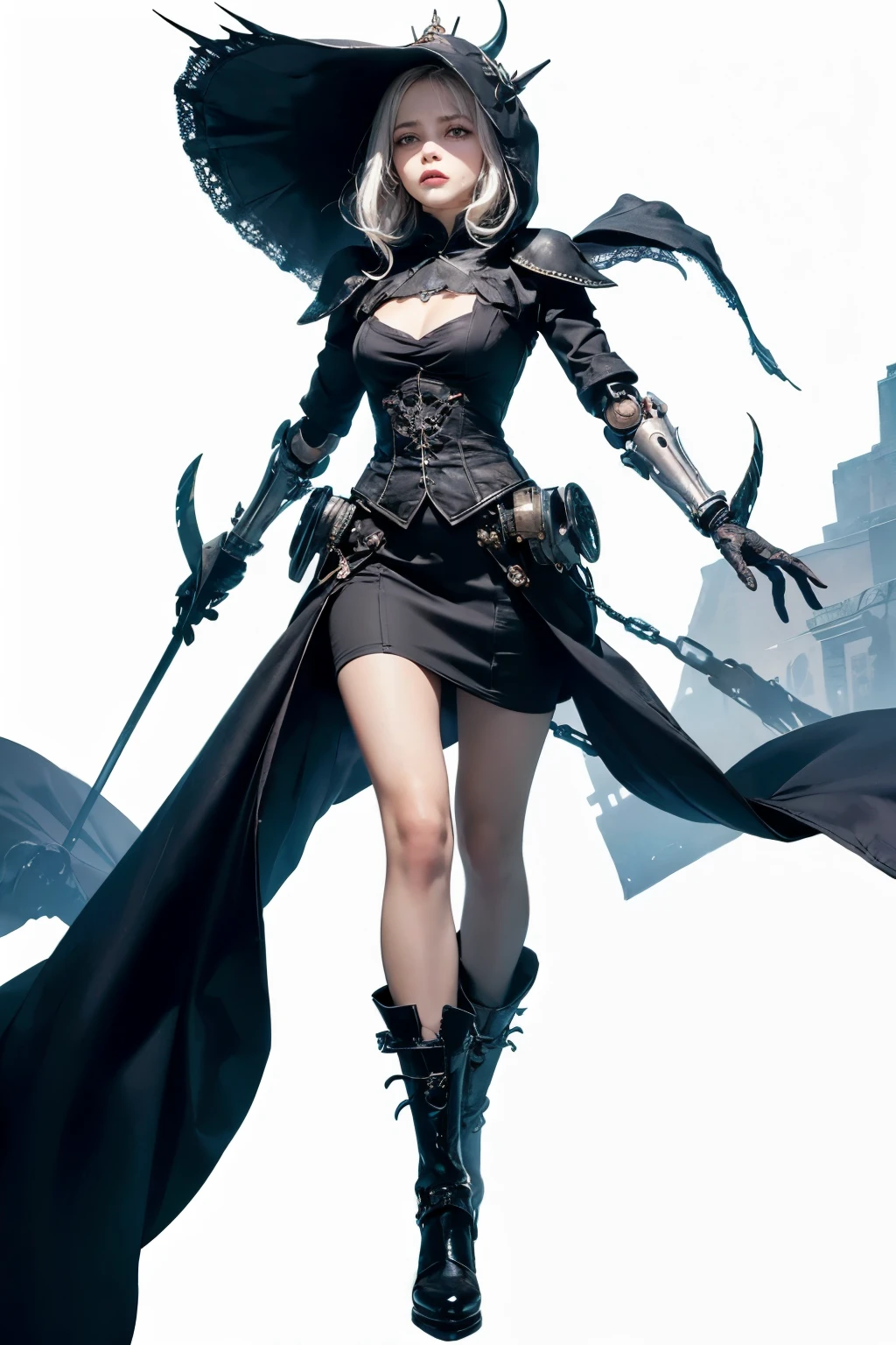 mpts
Copy
(((masutepiece, of the highest quality, super detailed))), watercolour, sketch, a knight, white background, plain background, Bloodborne inspired, Bloodborne attire, occult aesthetic, occult, Complex mechanical cyborg girl, Skeleton body, red and white clothing detailed and intricate steampunk and detailed gothic lolita (with a hood), diadems, very thin long legs, Complex mechanical boots above the knee, Fluttering lace flared skirt, beautiful small breasts directed upwards, (((( Highly detailed face))), small thin nose, Small thin lips mouth, (((Very sharp focused eyes))), Very large slit precision pale grey eyes that shine like jewels. very long eyelashes, Silver hair swaying in the wind, Emitting a dazzling light in a mandala pattern, white background, Very dramatic and cinematic lighting, red and white clothing, full body, whole body, body, cosmic horror, grim dark