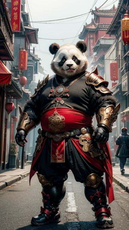 Fat humanoid panda, Wearing exquisite steampunk armor, Mainly red,Reflecting Chinese aesthetics, Passing majestically through a Chinese city. Detailed description of the armor's unique appearance, Ornate gears and luxurious Chinese accessories, The bear, Magnificent, Explore the fusion of bear wildness and steampunk technology aesthetics, Surreal style, The fire on the ground was fierce