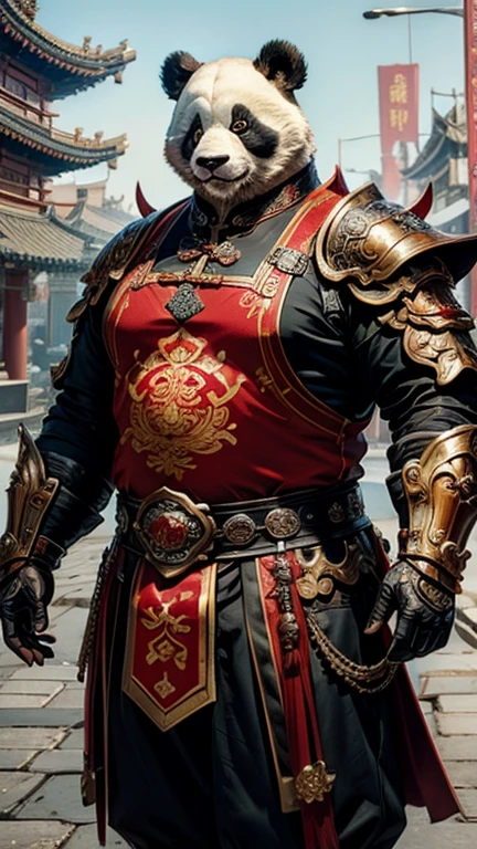 Fat humanoid panda, Wearing exquisite steampunk armor, Mainly red,Reflecting Chinese aesthetics, Passing majestically through a Chinese city. Detailed description of the armor's unique appearance, Ornate gears and luxurious Chinese accessories, The bear, Magnificent, Explore the fusion of bear wildness and steampunk technology aesthetics, Surreal style, The fire on the ground was fierce