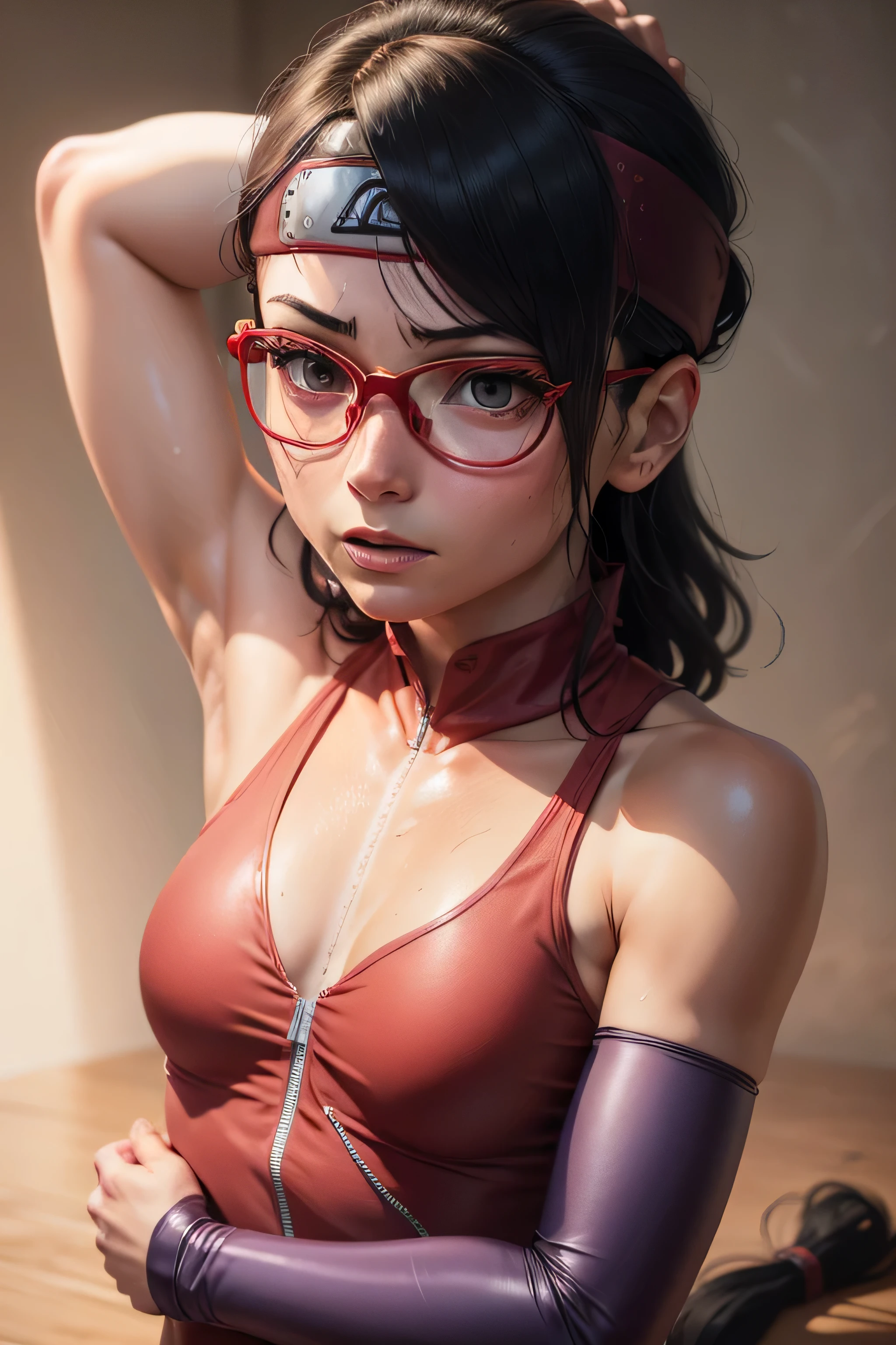 (high resolution,obra de arte:1.2),ultra-detalhado,realista,profissional,lindos olhos detalhados,beautiful detailed lips,Cabelo escuro,cabelo preto curto,Red Glasses,Olhos negros deslumbrantes,pele limpa, de 18 anos,penteado curto elegante,vibrant Red Glasses,Academia Shinobi,fierce determination,postura confiante,Roupa carmesim,olhar intenso,History full of ninjutsu techniques,shadows cleverly accentuating his features,subtle studio lighting,realismo sublime,tons de cores marcantes,NSFW,arms up,armpits, armpits,sweat,sweaty,sweaty armpits,awesome armpits,sweating ,sleeveless,exhausted,tired, ,wearing arm bands,arms raised,very tired,sweating,arms raised,both arms raised,sweaty,red arm warmers,red arm bands