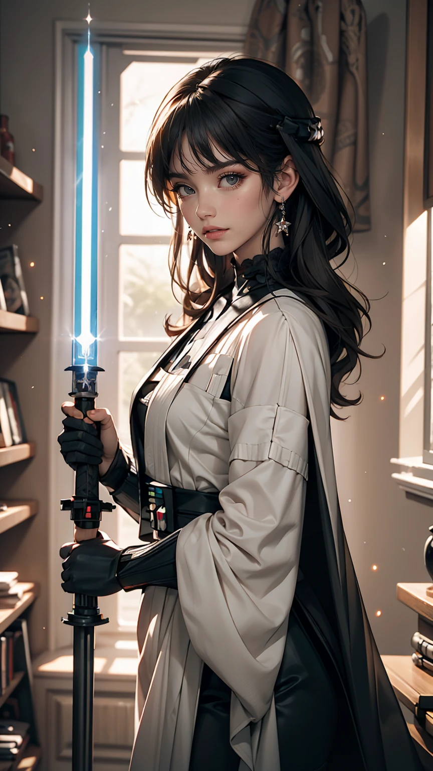 A white woman dressed as Darth Vader from Star Wars、Hold your lightsaber、smile