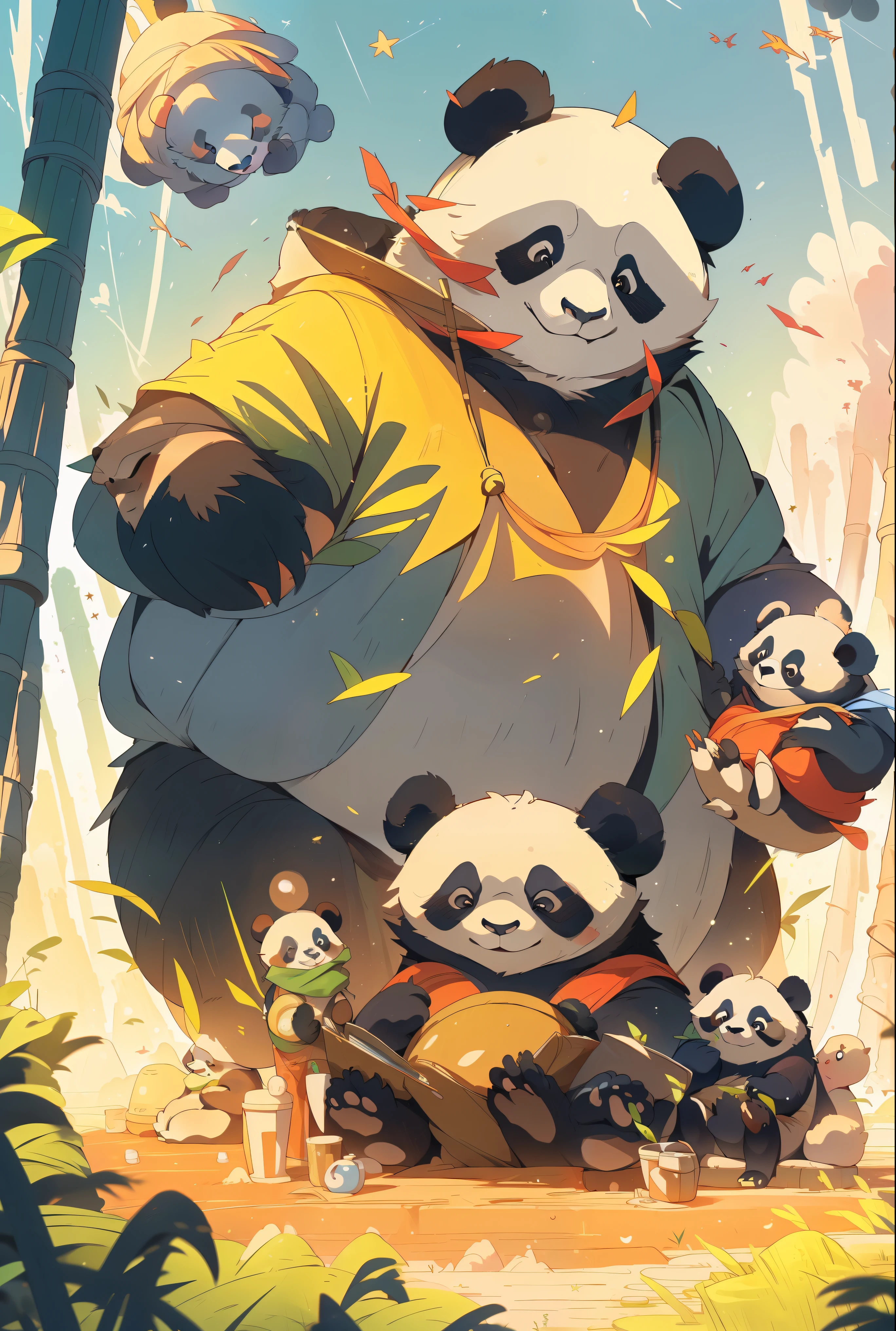A majestic panda family standing in a mysterious atmosphere, embodying the technological splendor of the Star Trek universe, Dune, Star Wars, The panda bears are portrayed with a sense of power and mystery, surrounded by an aura of imperial technocracy. The scene is depicted with surrealistic elements, evoking a mystical and powerful presence. The image quality is (best quality,4k,8k,highres,masterpiece:1.2), ultra-detailed, (realistic,photorealistic,photo-realistic:1.37), with HDR, UHD, and vivid colors. The artwork is created in an illustrative style, capturing the essence of mankind's greatest visions of a utopian future