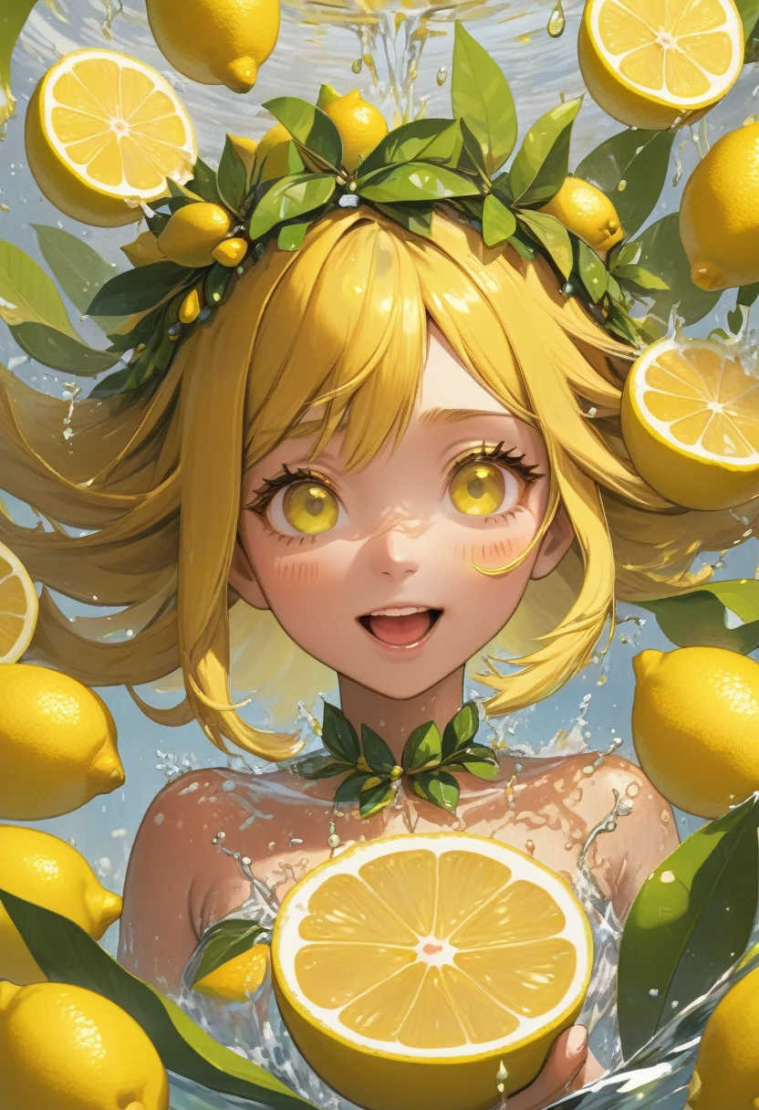 
          Painting of a girl with golden hair，Wearing a garland of leaves on the head, standing among many sliced lemons to take pictures, water splashing, cool and intricate, hands holding sliced lemons, eating slices, eating sliced lemons, sour expressions, happy and animated characters, close-up( Perfect anatomical structure )

             Beauty and extremely fine texture，Detailed, bright, high-definition and high-quality presentation in animation style