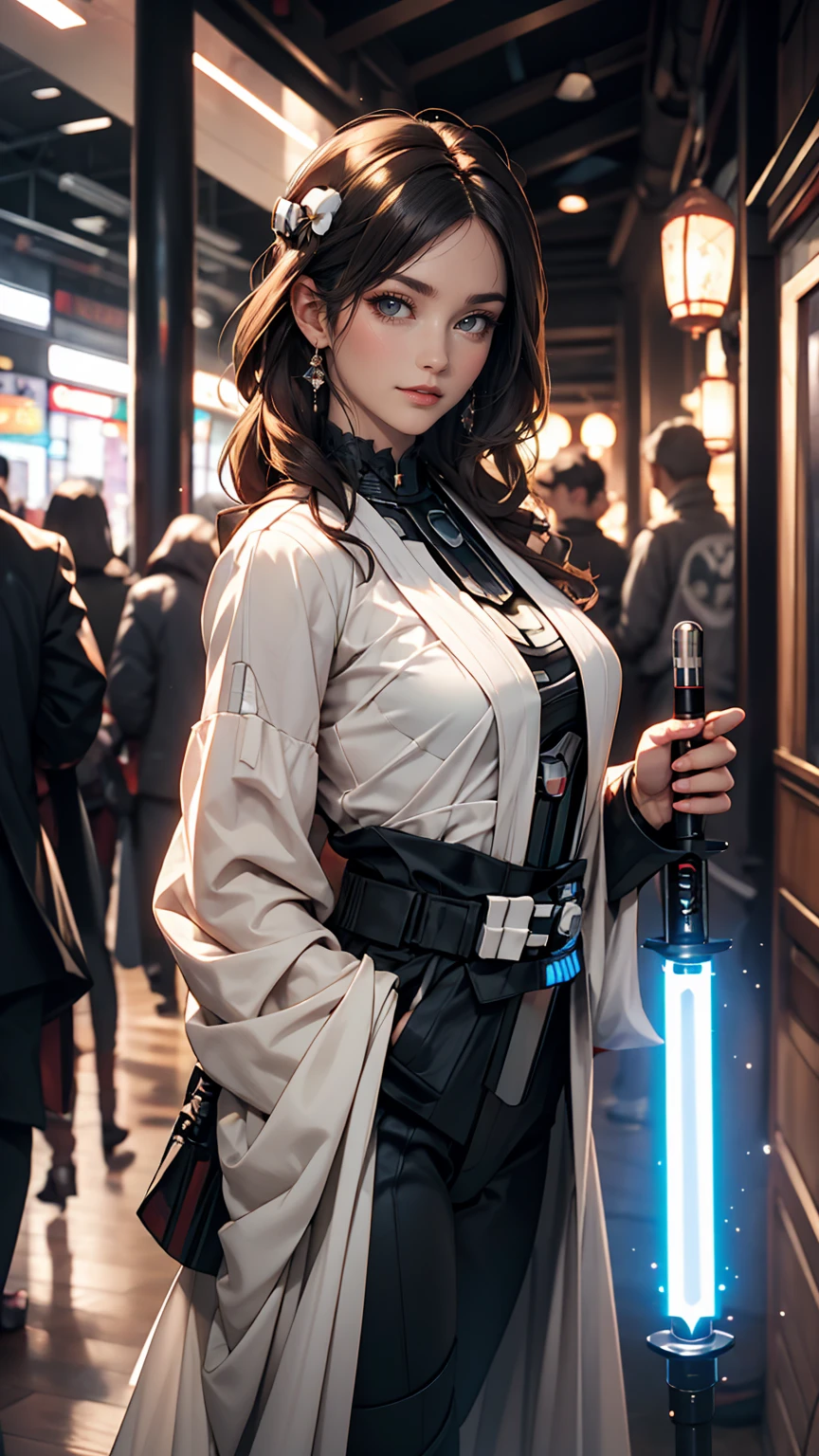 A white woman dressed as Darth Vader from Star Wars、Hold your lightsaber、smile