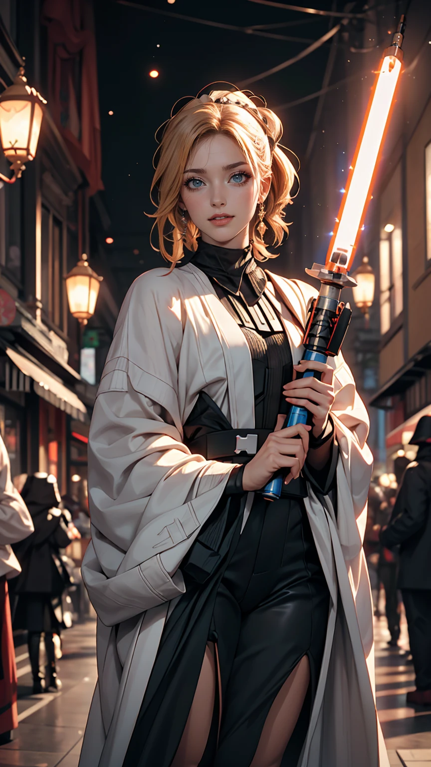 A white woman dressed as Darth Vader from Star Wars、Hold your lightsaber、smile