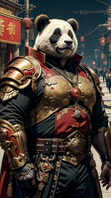 Fat humanoid panda, Wearing exquisite steampunk military armor, Mainly red，Reflecting Chinese aesthetics, Passing majestically through a Chinese city. Detailed description of the armor&#39;s unique appearance, Ornate gears and luxurious Chinese accessories, The bear, Magnificent, Explore the fusion of bear wildness and steampunk technology aesthetics, Surreal style, The fire on the ground was fierce