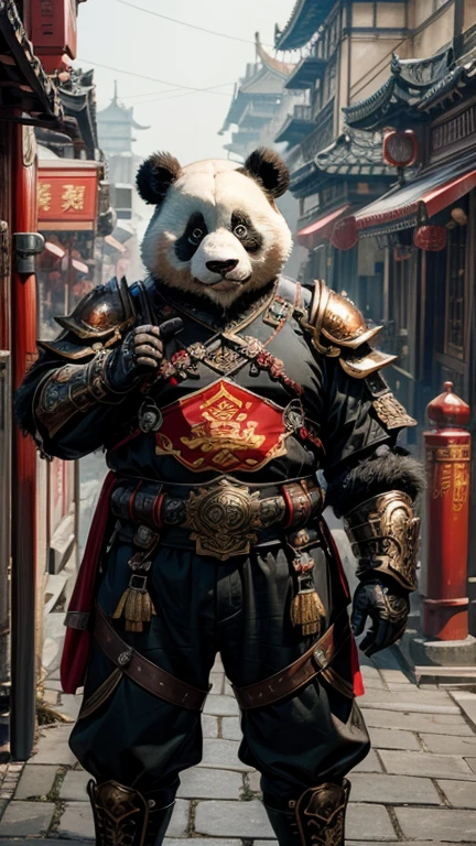 Fat humanoid panda, Wearing exquisite steampunk military armor, Mainly red,Reflecting Chinese aesthetics, Passing majestically through a Chinese city. Detailed description of the armor's unique appearance, Ornate gears and luxurious Chinese accessories, The bear, Magnificent, Explore the fusion of bear wildness and steampunk technology aesthetics, Surreal style, The fire on the ground was fierce