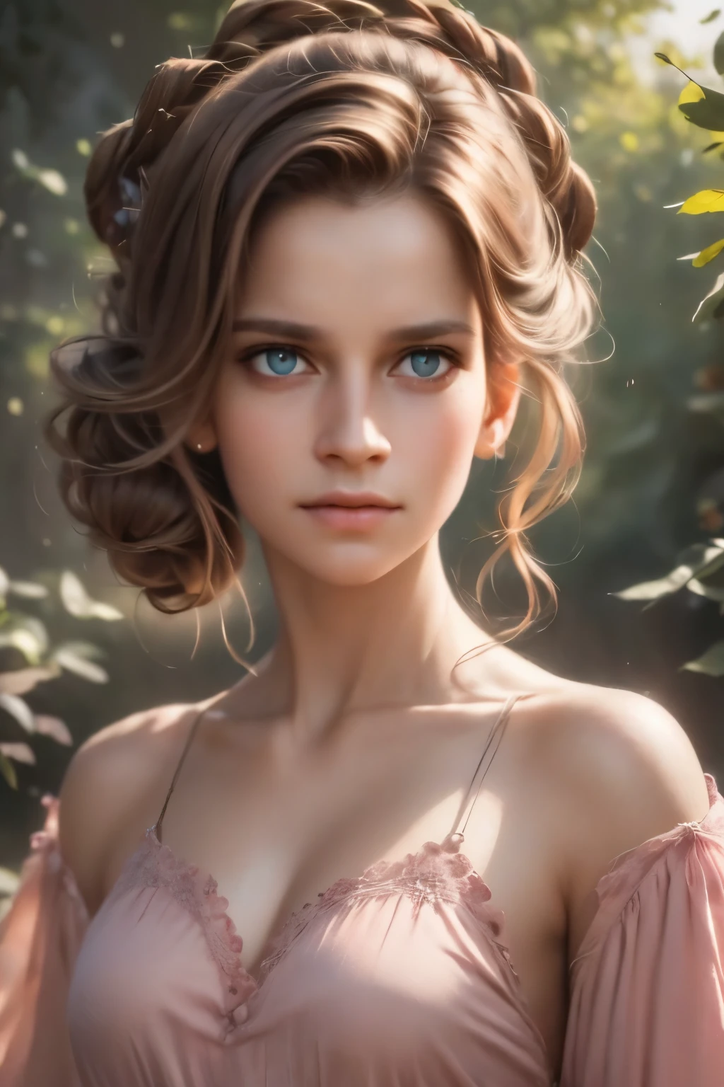 8K, Best Quality, Masterpiece, Ultra High Resolution, (Realism: 1.4), Original Photo, (Realistic Skin Texture: 1.3), (Film Grain: 1.3), (Selfie Angle), 1 Girl, Pink Clothes, jade Color Eyes and Beautiful Face Details, Masterpiece, Best Quality, Close Up, Upper Body