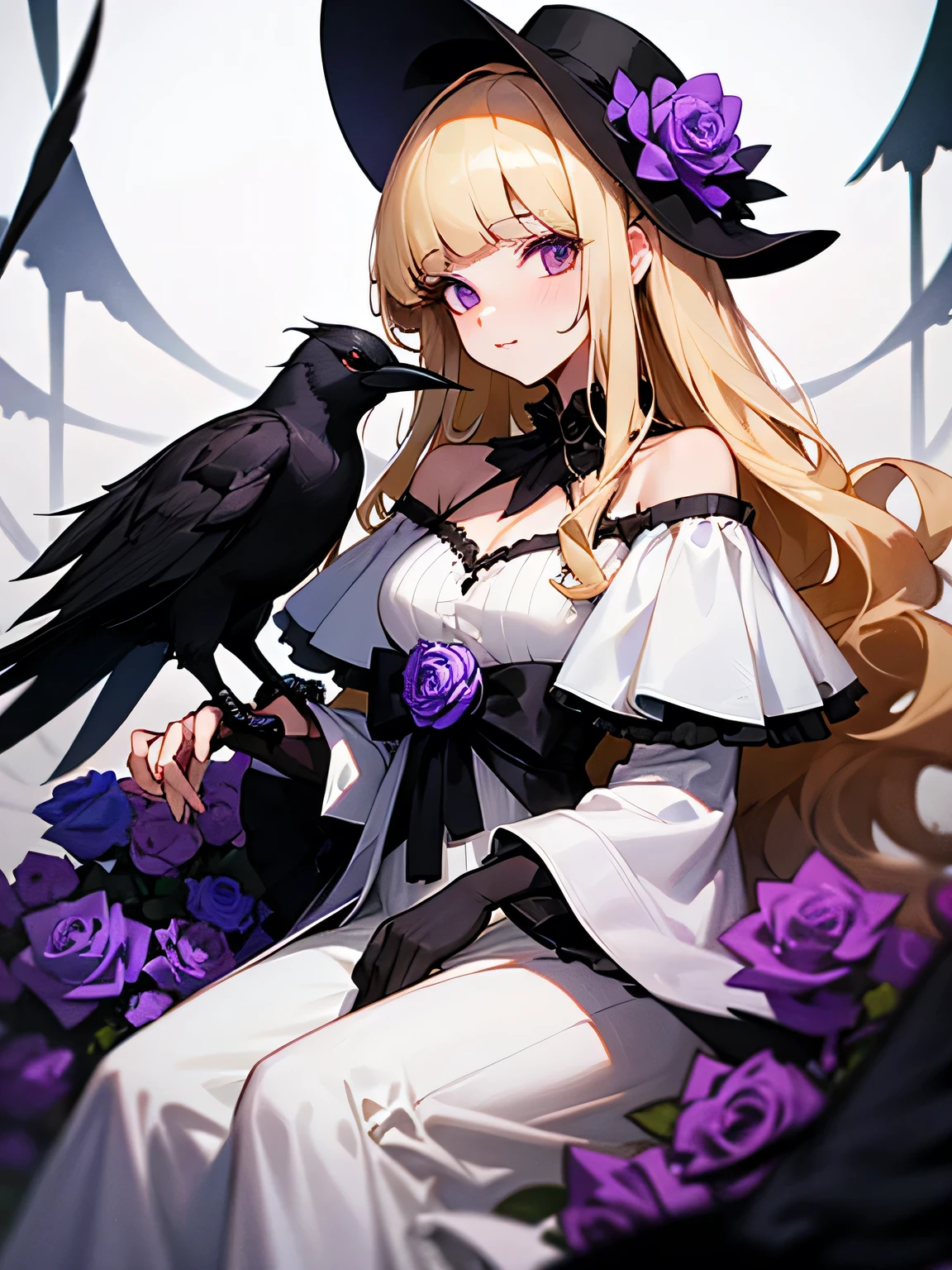 (black crow on her shoulder), solo,looking at viewer, blonde, curly long hair, blunt bangs, purple rose accessories,off shoulder white dress with purple rose pattern,decadent, sick,