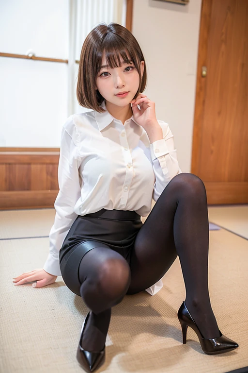 ((traditional Japanese room、On tatami mats))、A smile、(realisitic、Photorealsitic:1.37)、(masterpiece)、(top-quality:1.4)、(超A high resolution:1.2)、(Raw photography:1.2)、(sharp focus:1.3)、(Sitting on the floor:1.2)、opens legs、elegent、(full body Esbian:1.2)、(One girl in a detailed pencil skirt and black suit jacket and white shirt:1.3)、(OL)、professionattire、high-heels、(24 year old:1.1)、(ssmile:1.3)、(Shine Hair:1.3)、 brown haired、bob cuts、 Short pencil skirt
(Colossal tits:1.2)、(Bright daytime indoors:1.2), shot from a side angle、beautiful finely detailed eyes、 see the beholder,、(cute little)、(((high-heels)))、White underwear、front view