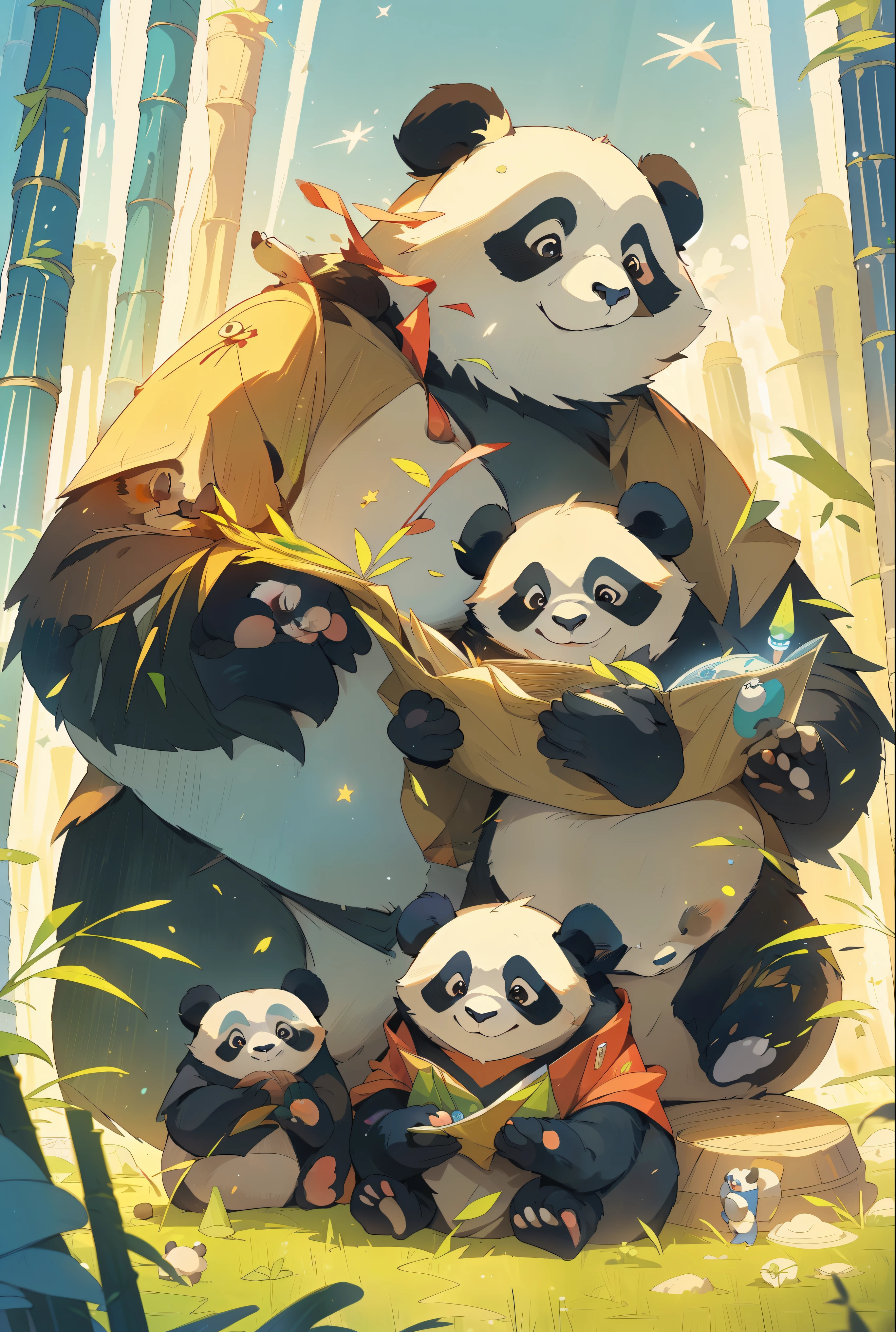 A majestic panda family standing in a mysterious atmosphere, embodying the technological splendor of the Star Trek universe, Dune, Star Wars, The panda bears are portrayed with a sense of power and mystery, surrounded by an aura of imperial technocracy. The scene is depicted with surrealistic elements, evoking a mystical and powerful presence. The image quality is (best quality,4k,8k,highres,masterpiece:1.2), ultra-detailed, (realistic,photorealistic,photo-realistic:1.37), with HDR, UHD, and vivid colors. The artwork is created in an illustrative style, capturing the essence of mankind's greatest visions of a utopian future