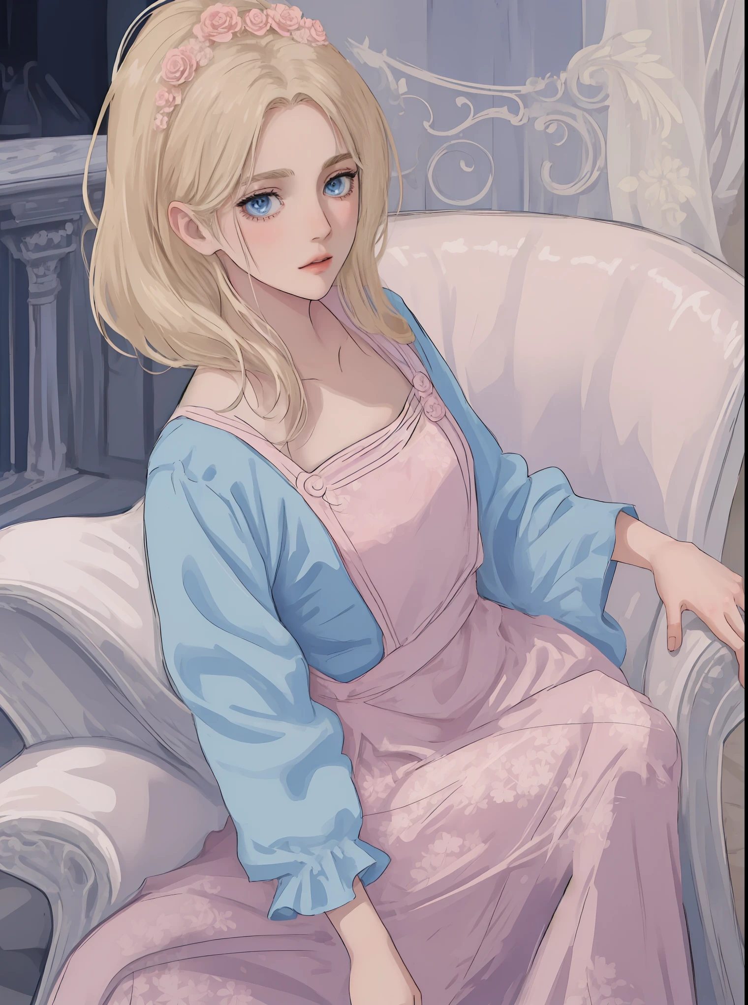 a beauitiful blonde woman, fair skin, blue eyes, in a pink floral dress, sitting on a throne