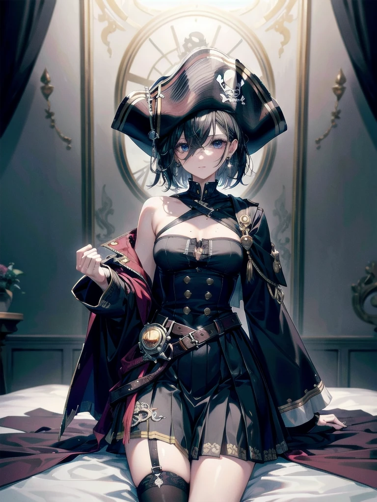 absurdres, RAW photo, extremely delicate and beautiful, masterpiece, Best Quality, ultra high resolution, 32k, hyperrealistic, ultra-detailed, perfect figure, tearful mole, earring, whole body shot, short medium hair, wavy hair, Practical pirate clothing, Long-sleeved pirate top, Skirt,Torn pirate hat, 
