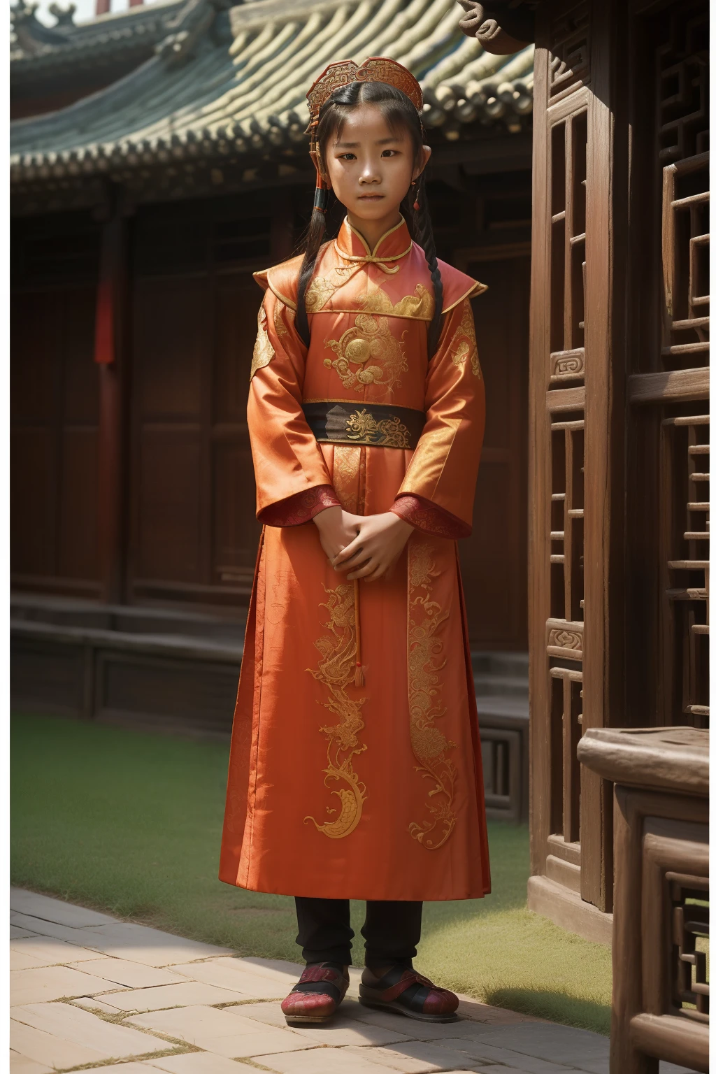 China, 1477. A young ((((16-year-old)) Tan Yunxian)), in a garden, ((((horror expression, fear)))), ((((chinese clothings from the 1470s)))), ((hairstyle of the 1470s)), ((colorful, luminous))