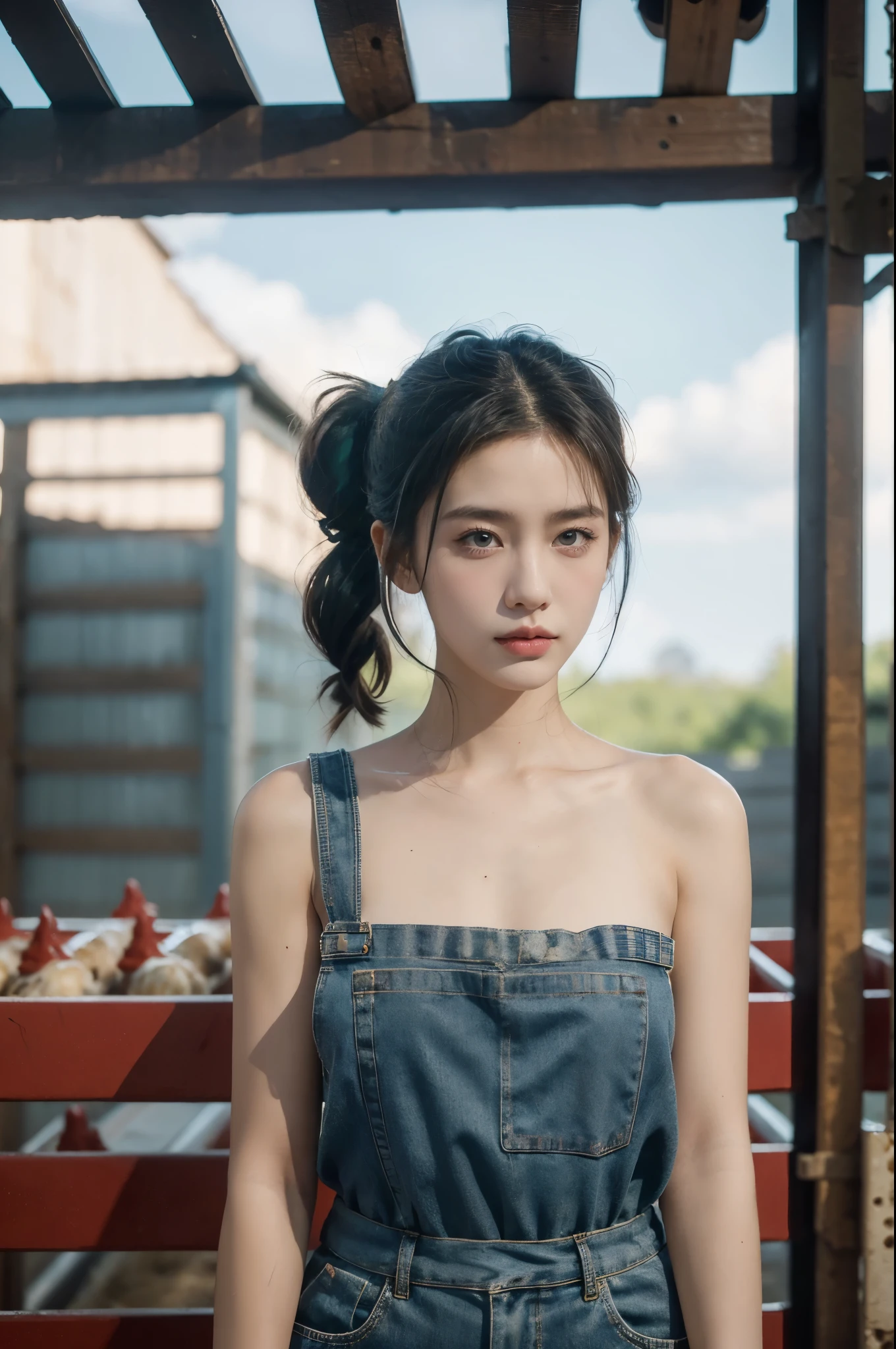 A girl stood in the middle of a chicken farm,short ponytail,bare shoulders,flat chests,apron,arms behind back,showcasing industrial photography,realistic scenery,photography carnival,wildlife photography,aurora punk,animal and human styles,upper body,