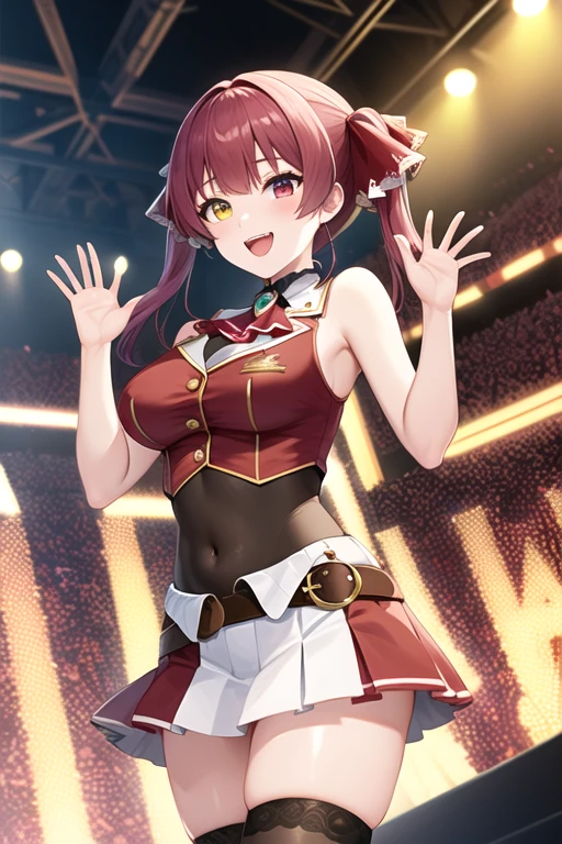 masterpiece, highest quality, High resolution, bb Marine, Twin tails, Heterochromia iridis, Red Ascot, Expose your shoulders, Red Shirt, Bare arms, Sleeveless, See through, (A leotard worn under clothing:1.2), Covered navel, belt, Pleated skirt, Red Skirt, Black knee socks, smile, wave hands, Open your mouth, masterpiece, highest quality, High resolution, ,alone, Center of chest, Cowboy Shot, smile, Open your mouth, stage、 wave hands,Five Fingers