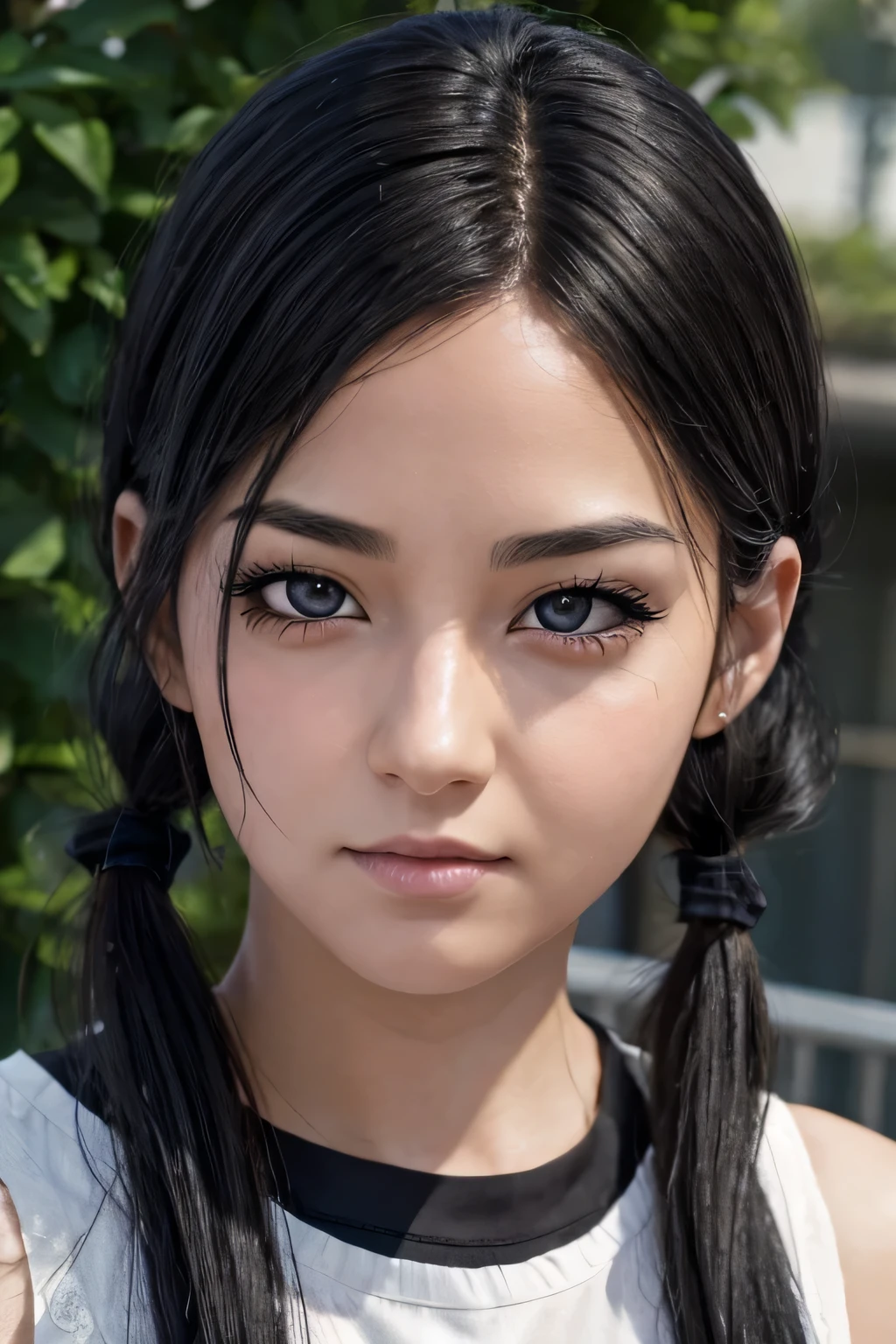 photo realistic, black eyes, black hair, low twintails, look aside