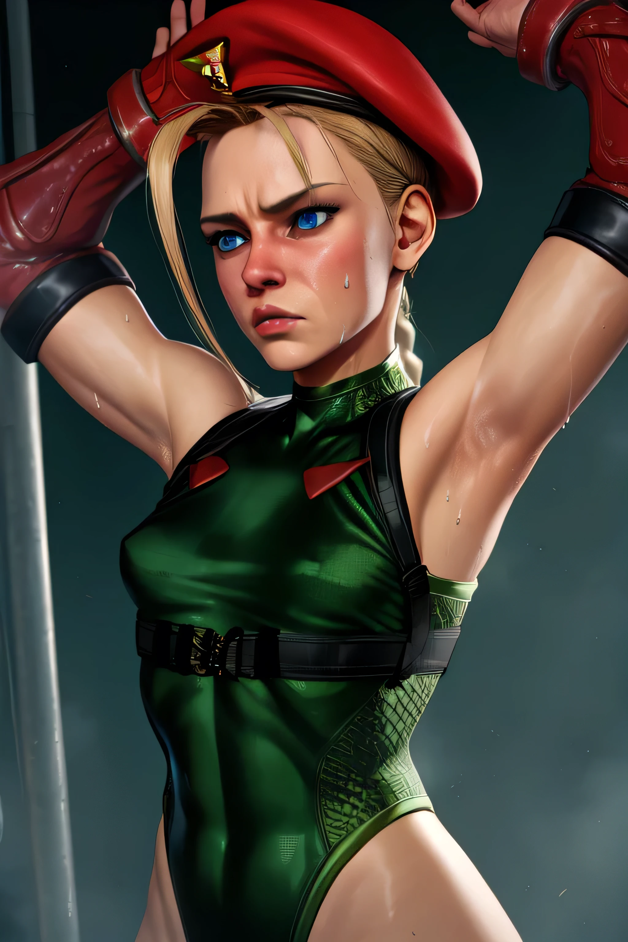 Cammy,blonde hair,blue eyes,long twin braids,
green leotard,chest harness,boots,small red beret,sleeveless,
standing,upper body,
night,
(insanely detailed, beautiful detailed face, masterpiece, best quality),arms up,armpits, armpits,sweat,sweaty,sweaty armpits,awesome armpits,sweating ,sleeveless,exhausted,tired, ,wearing arm bands,arms raised,very tired,sweating,arms raised,both arms raised,sweaty,red arm warmers,red arm bands