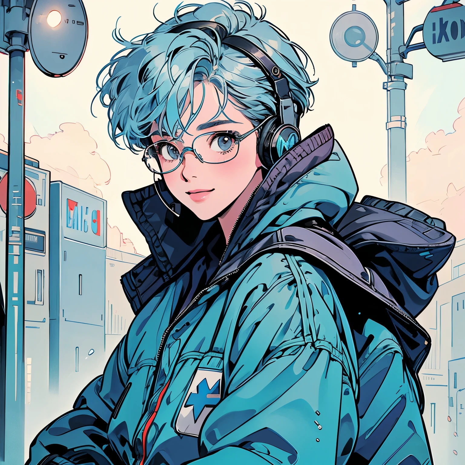 whole body、Kind Face、1 pretty woman、Hooded parka、skirt、pedestrian crossing、Signal 、intersection、Complex background、smile、Light blue hair、Wearing glasses、Short hair、Faint lighting、Wearing headphones