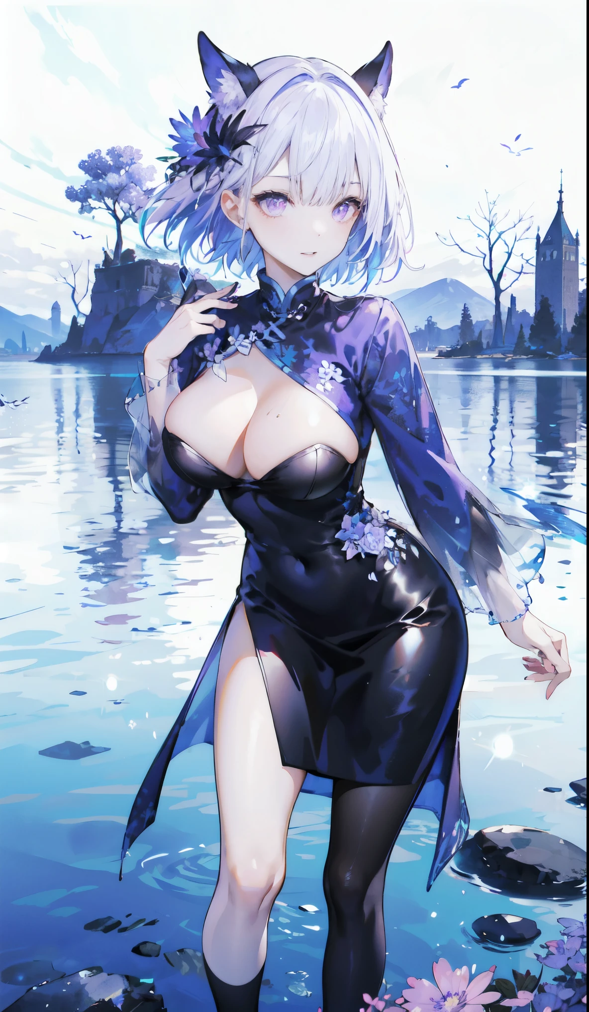 ((masterpiece:1.4,best quality)),(Super detailed),(Extremely detailed eyes),(Black leggings,Shiny socks:1.5),Hello Darkness
((Sexy Girl,Large Breasts)),(Blood-red pupils,Diamond-shaped pupil:1.15),Purple Eyeshadow,(Elongated hair,Thick hair,shiny hair:1.5)(Variza:1.2),Fair skin,tilt head to one side,Kneel down
(She wears blue armor,Tight cheongsam,:1.5),Very long plush sleeves,White,White Cloud,Dream bubbles ,Ice and glitter effects
(Black long skirt:1.1),
(dawn:1.2),
(Intense black and white:1.16),(Depth of Field:1.4),,Intricate details,(Sky Castle,Standing on the lake,Purple flowers by the lake)