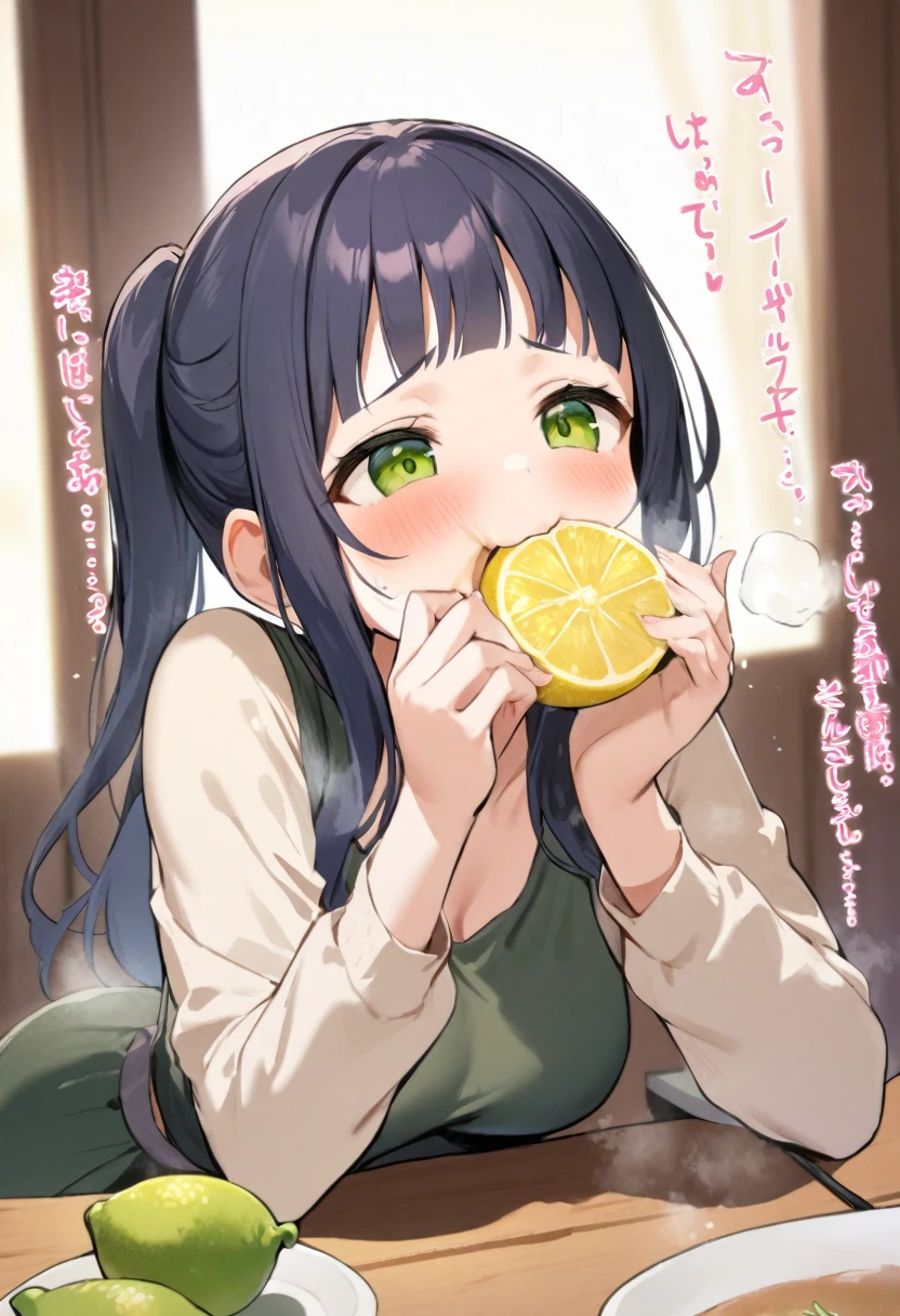 Lemon Eating Challenge, 1 Girl, fern \(Soso&#39;s friends\), Soso&#39;s friends, fern  eating a lemon in his hand, wrinkled face, Narrow your eyes, A look of disgust appeared on his face, Painful expression, Open your mouth, eyebrows furrowed, Wizard&#39;s Nightgown