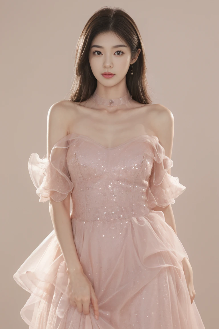 ((realistic:1.5)),((best quality)), ((Masterpiece)),((details)), (1 girl), 22-year-old beautiful girl, facial mix of korean actress Kim Ji-won, and phoebe cates, (half body:1.5), Tightening muscles, big thighs, Narrow hips, green eyes, large breasts, (details face, beautiful brown eyes, clear background:1.5), (dynamic gesture), (Normal skin, long hair, Sketched eyes, specified face, bracelet, half body), Wear elegant night dress, (revealing the chest, revealing large breasts. Show your sexy face)
