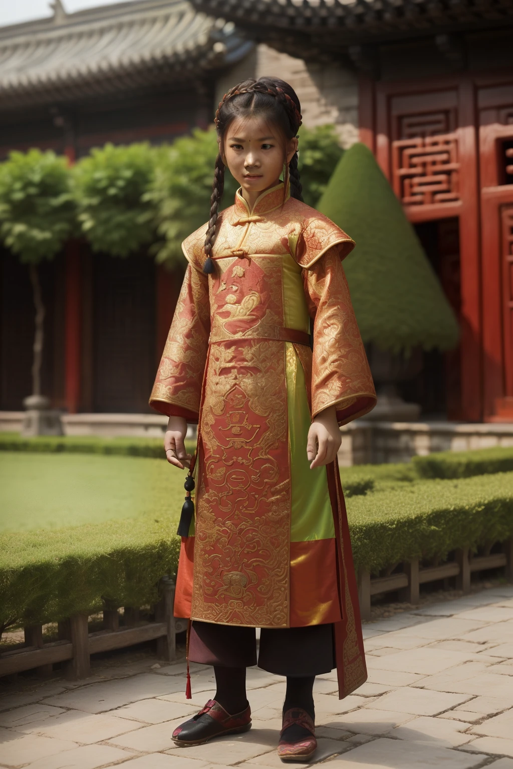 China, 1477. A young ((((16-year-old)) Tan Yunxian)), in a garden, (((((horror expression, fear and panic))))), ((((chinese clothings from the 1470s)))), ((hairstyle of the 1470s)), ((colorful, luminous))