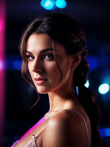 (masterpiece, best quality:1.3), (beautiful, aesthetic, perfect, delicate, intricate:1.2), (cute, sexy, pornographic), (depth of field:1.2), (1 sexy ultra hot girl, solo), colourful, woman of 45 years-old resembling Monica Bellucci, perfect face, black flowing hair , long braid bun hair , front view, big breasts , bright lighting ambience atmosphere ,woman standing in a disco night club party , cold light, dim light, muted colours, spartan, (dynamic angle, looking at viewer, blushing:1.2)