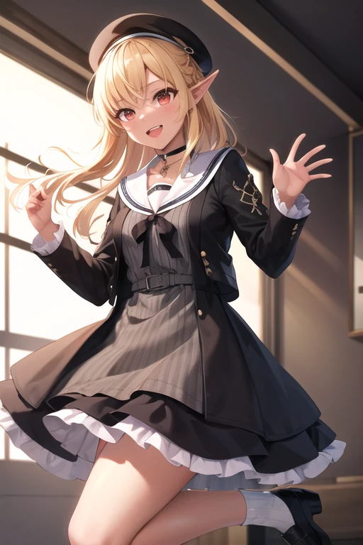 masterpiece, highest quality, High resolution, Shiranui Flare, Woman with dark skin, Dark Skin, alone, Long Hair, Blonde Hair, Striped髪, Multicolored Hair, dress, Pointy Ears, Side Lock, have, grey dress, choker, shoes, Striped, Sailor collar, beret, Fairy, Pinstripe pattern, Black footwear, black choker, black Jacket, Long sleeve, sailor dress, Red eyes, Jacket, Black Hat, shoes下, white Sailor collar, ribbon, black ribbon, Frills, bangs, vertical stripes, Open clothes, Striped dress, open Jacket, short dress, vertical-Striped dress, clavicle, chest, Gray Hair, pendant choker, Two-tone hair, black dress masterpiece, highest quality, High resolution, ,alone, chestの中心, Cowboy Shot, smile, Open your mouth, stage、 wave hands,Five Fingers