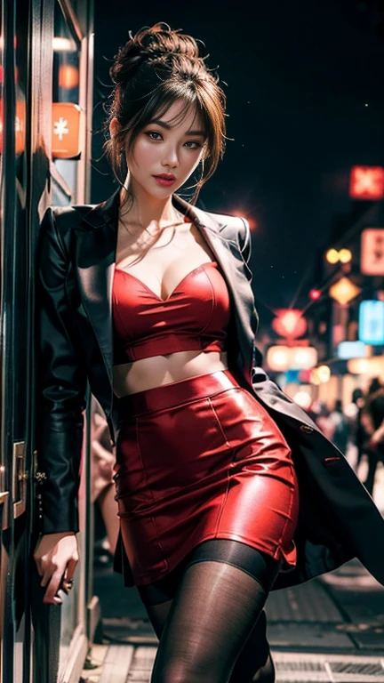 (8k, Official Art、CG)、Beautiful and aesthetic、Charm, Very detailed, ((Delicate face、Detailed eyes and face、double eyelid))、Red lipature adult woman、Dark brown updo、blazer、Floral skirt、pantyhose、High heels、Very detailed衣装、Beauty and charisma. City night view, She is standing on a street lined with skyscrapers. The night view of the city is bright, Add a touch of technology.Neon lights etc. , High-tech equipment and architectural design.  This ultra-high resolution, Top quality images bring you great visual enjoyment, Dramatic lighting, Award-winning quality