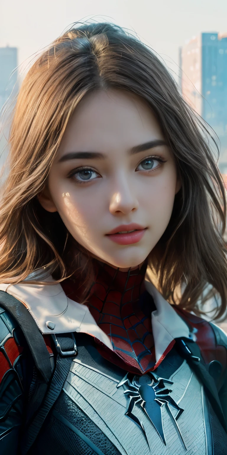 (1girl:1.3), Solo, (((Very detailed face)))), ((Very detailed eyes and face)))), Beautiful detail eyes, Body parts__, Official art, Unified 8k wallpaper, Super detailed, beautiful and beautiful, beautiful, masterpiece, best quality, original, masterpiece, super fine photo, best quality, super high resolution, realistic realism, sunlight, full body portrait, amazing beauty, dynamic pose, delicate face, vibrant eyes, (from the front), She wears Spider-Man suit, red and black color scheme, spider, very detailed city roof background, rooftop, overlooking the city, detailed face, detailed complex busy background, messy, gorgeous, milky white, highly detailed skin, realistic skin details, visible pores, clear focus, volumetric fog, 8k uhd, DSLR, high quality, film grain, fair skin, photo realism, lomography, futuristic dystopian megalopolis, translucent