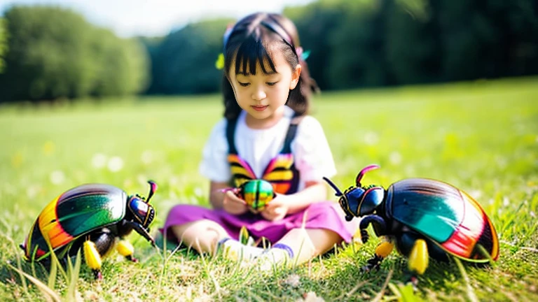 Children playing with beautiful beetles in the grassland、Children playing with beautiful beetles in the grassland、Colorful Mushiking