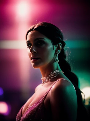 (masterpiece, best quality:1.3), (beautiful, aesthetic, perfect, delicate, intricate:1.2), (cute, sexy, pornographic), (depth of field:1.2), (1 sexy ultra hot girl, solo), colourful, woman of 45 years-old resembling Monica Bellucci, perfect face, black flowing hair , long braid bun hair , front view, big breasts , bright lighting ambience atmosphere ,woman standing in a disco night club party , cold light, dim light, muted colours, spartan, (dynamic angle, looking at viewer, blushing:1.2)