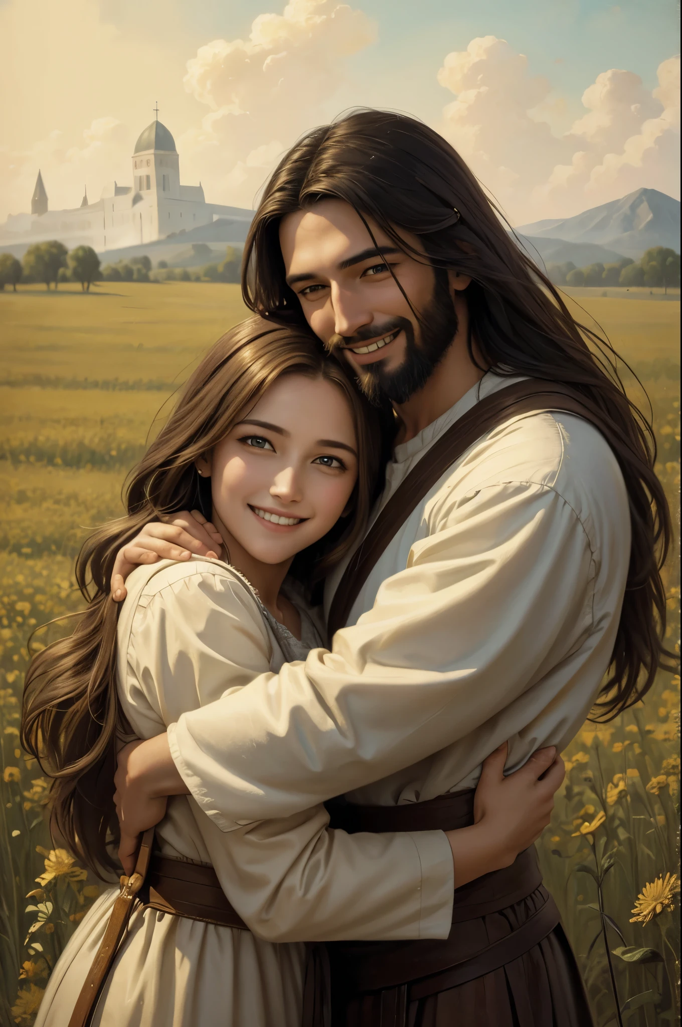 Smiling Jesus embracing a woman in a field, Christian art, 8k HD detailed oil painting, Catholic religious art, Jesus, the most beautiful image ever