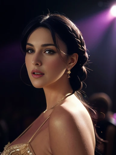 (masterpiece, best quality:1.3), (beautiful, aesthetic, perfect, delicate, intricate:1.2), (cute, sexy, pornographic), (depth of field:1.2), (1 sexy ultra hot girl, solo), bright lighting ambience atmosphere ,colourful, woman of 45 years-old resembling Monica Bellucci, perfect face, black hair , long braid bun hair , frontal angle , front view, big breasts , woman standing in a disco night club party , cold light, dim light, muted colours, spartan, (dynamic angle, looking at viewer, blushing:1.2)