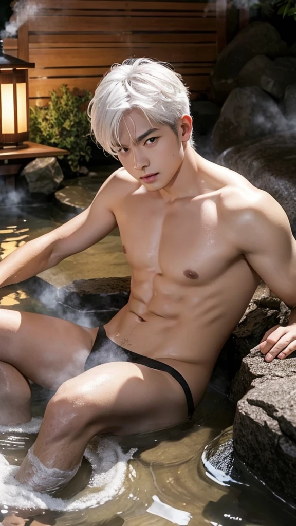 outdoor bath、hot onsen、male people、beckoning、White hair、de pele branca、Rock、steam、Looking at the camera