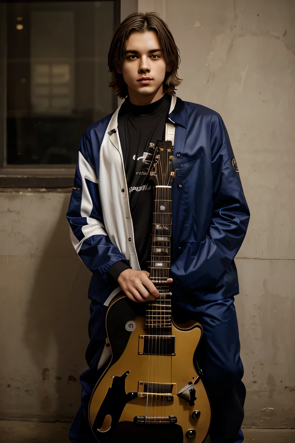 Create image a young man wearing Nirvana suit holding a guitar