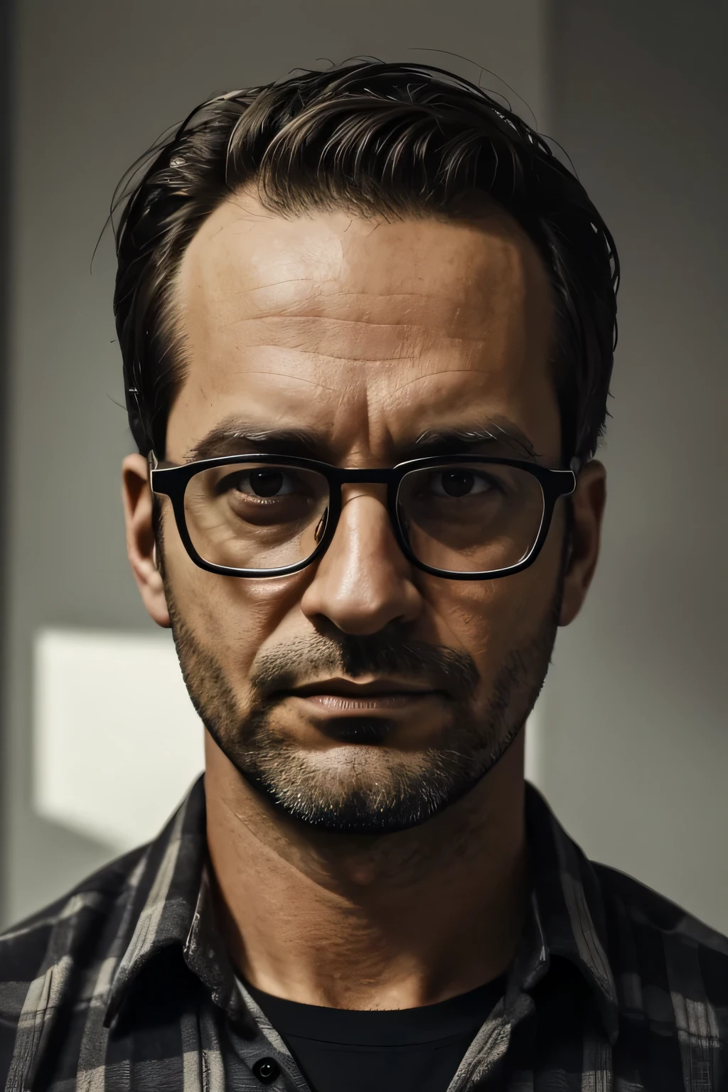 38 year old man, , neutral look, dark atmosphere, (((ugly man))), short hair, glasses, selfi with smartphone, named manuel