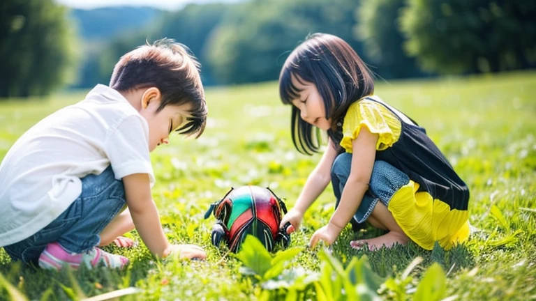 Children playing with beautiful beetles in the grassland、Children playing with beautiful beetles in the grassland、Colorful Mushiking