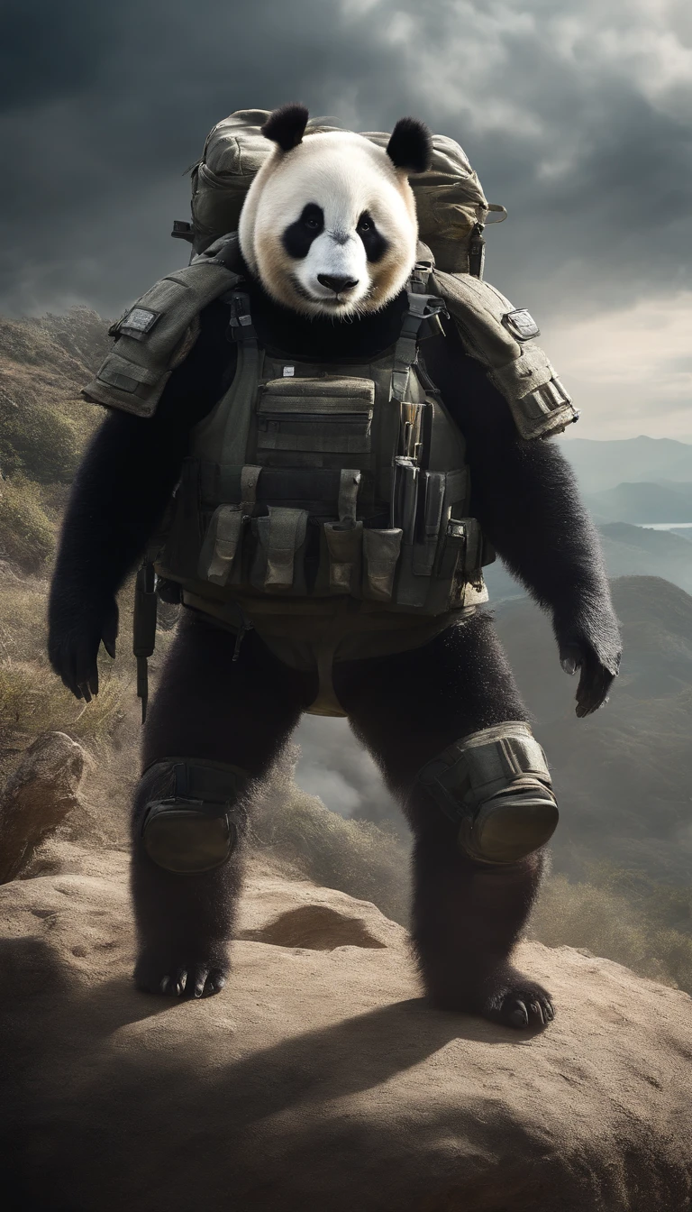 Giant Panda,Wearing military uniform,fight,Assault Rifles,Background is the sea