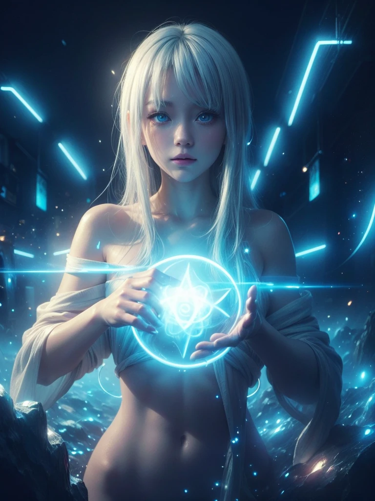 ((Upper Body)), best quality, masterpiece, a japanese woman ((Glowing white hair)), ((Detailed pearly blue eyes)), High Detail Goddess Soul, Focus on character, Solitary, (Style Swirl Magic), Solitary, From the front, Front view, looking at the audience, Delicate face, ((Glowing Lighting Magic Circle Theme)), perched on a ledge, Skinny neon body, Light streaks, Dark Abyss Wanderer Summary, ((Simple Glowing Neon Robe)), Carved with mysterious runes, Outdoor dystopian background,