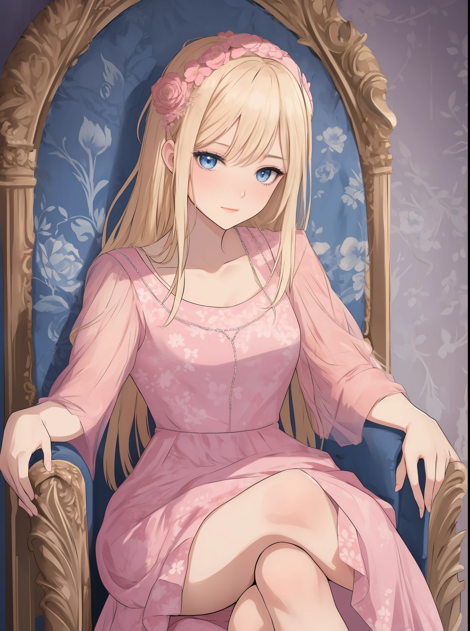 a beauitiful blonde woman, fair skin, blue eyes, in a pink floral dress, sitting on a throne
