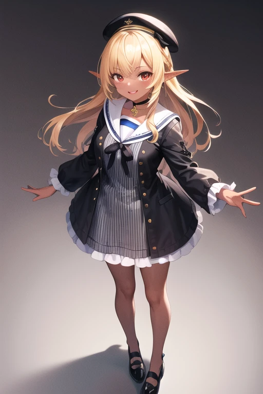 masterpiece, highest quality, High resolution, Shiranui Flare, Woman with dark skin, Dark Skin, alone, Long Hair, Blonde Hair, Striped髪, Multicolored Hair, dress, Pointed Ears, Side Lock, have, grey dress, choker, shoes, Striped, Sailor collar, beret, Fairy, Pinstripe pattern, Black footwear, black choker, black Jacket, Long sleeve, sailor dress, Red eyes, Jacket, Black Hat, shoes下, white Sailor collar, ribbon, black ribbon, Frills, bangs, vertical stripes, Open clothes, Striped dress, open Jacket, short dress, vertical-Striped dress, clavicle, chest, Gray Hair, pendant choker, Two-tone hair, black dress masterpiece, highest quality, High resolution, ,alone, chestの中心, Cowboy Shot, smile, Open your mouth, stage、 wave hands,Five Fingers