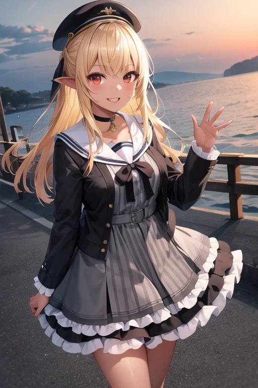 masterpiece, highest quality, High resolution, Shiranui Flare, Woman with dark skin, Dark Skin, alone, Long Hair, Blonde Hair, Striped髪, Multicolored Hair, dress, Pointed Ears, Side Lock, have, grey dress, choker, shoes, Striped, Sailor collar, beret, Fairy, Pinstripe pattern, Black footwear, black choker, black Jacket, Long sleeve, sailor dress, Red eyes, Jacket, Black Hat, shoes下, white Sailor collar, ribbon, black ribbon, Frills, bangs, vertical stripes, Open clothes, Striped dress, open Jacket, short dress, vertical-Striped dress, clavicle, chest, Gray Hair, pendant choker, Two-tone hair, black dress masterpiece, highest quality, High resolution, ,alone, chestの中心, Cowboy Shot, smile, Open your mouth, stage、 wave hands,Five Fingers