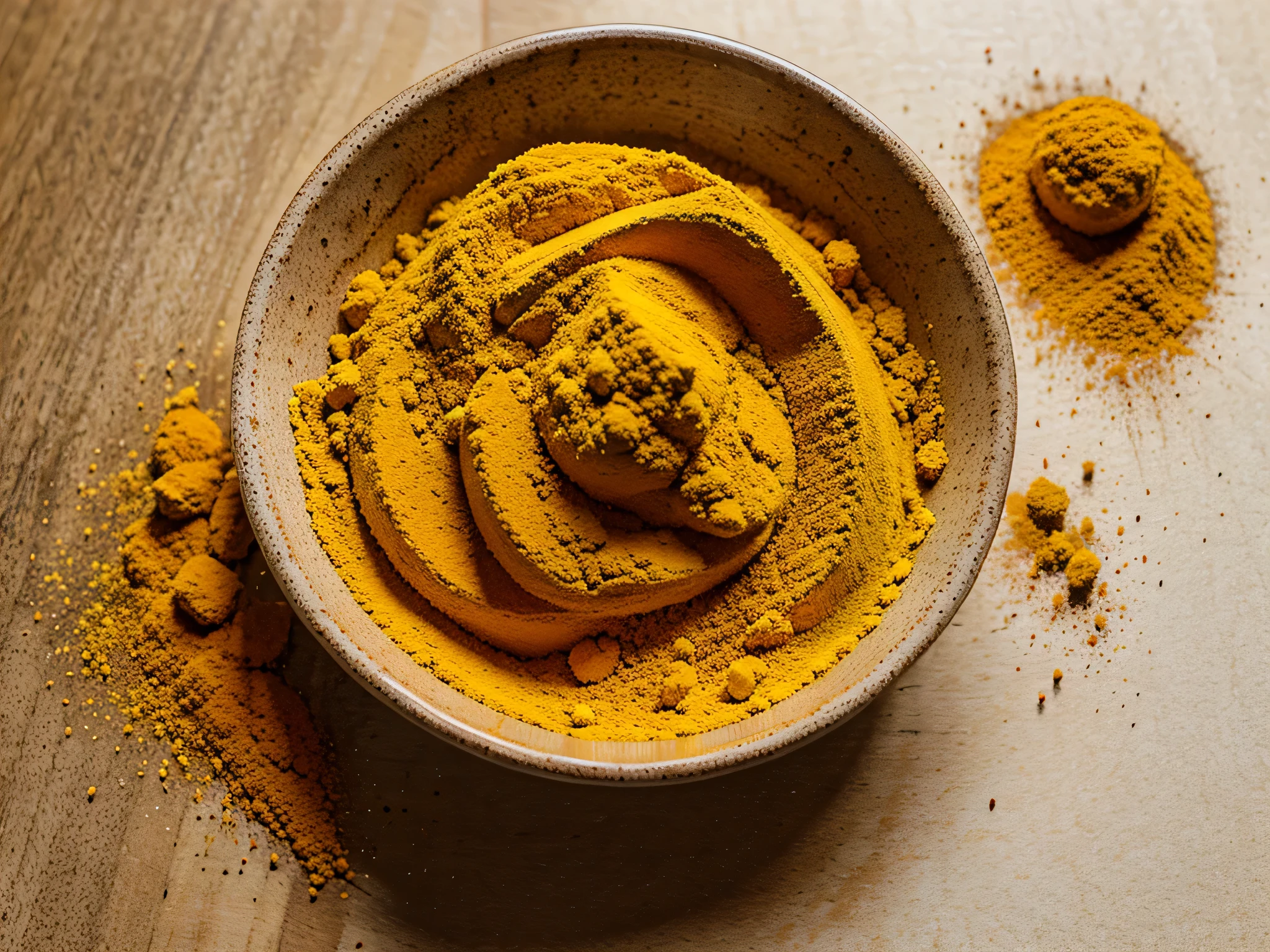 Turmeric isolated, powder and whole turmeric together, Photoshoot, top angle, full image, 