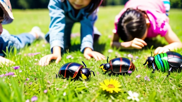 Children playing with beautiful beetles in the grassland、Children playing with beautiful beetles in the grassland、Colorful Mushiking