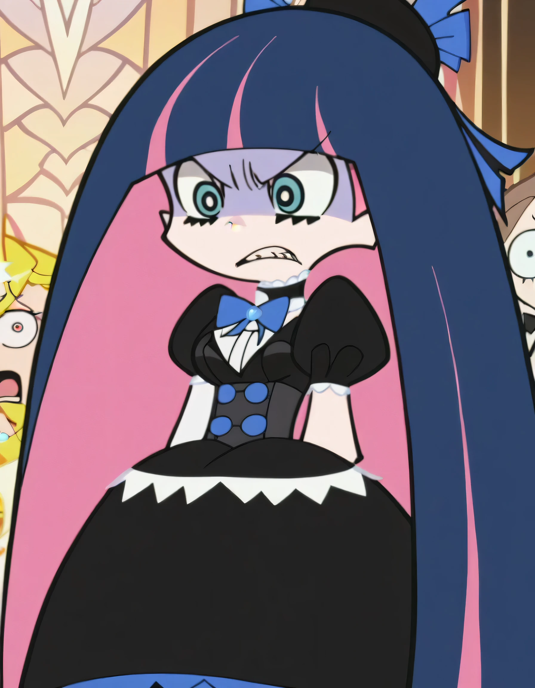 p&s style, rating_safe, score_10, sharp, anime screencap, flat shadows, flat colors, stocking, Gothic Aristocrat Dress, shock_expression, side eye, clenched teeth,